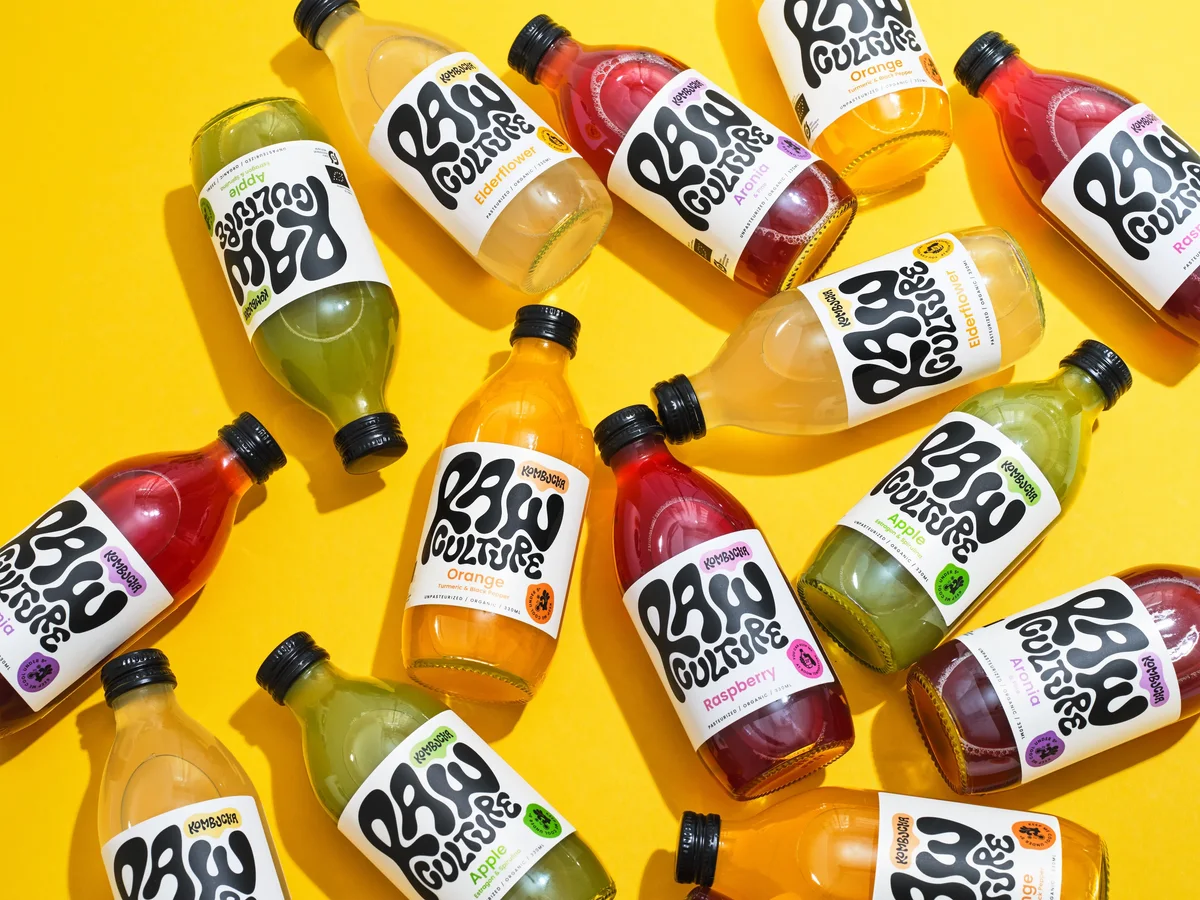Raw Culture bottle packaging with custom lettering